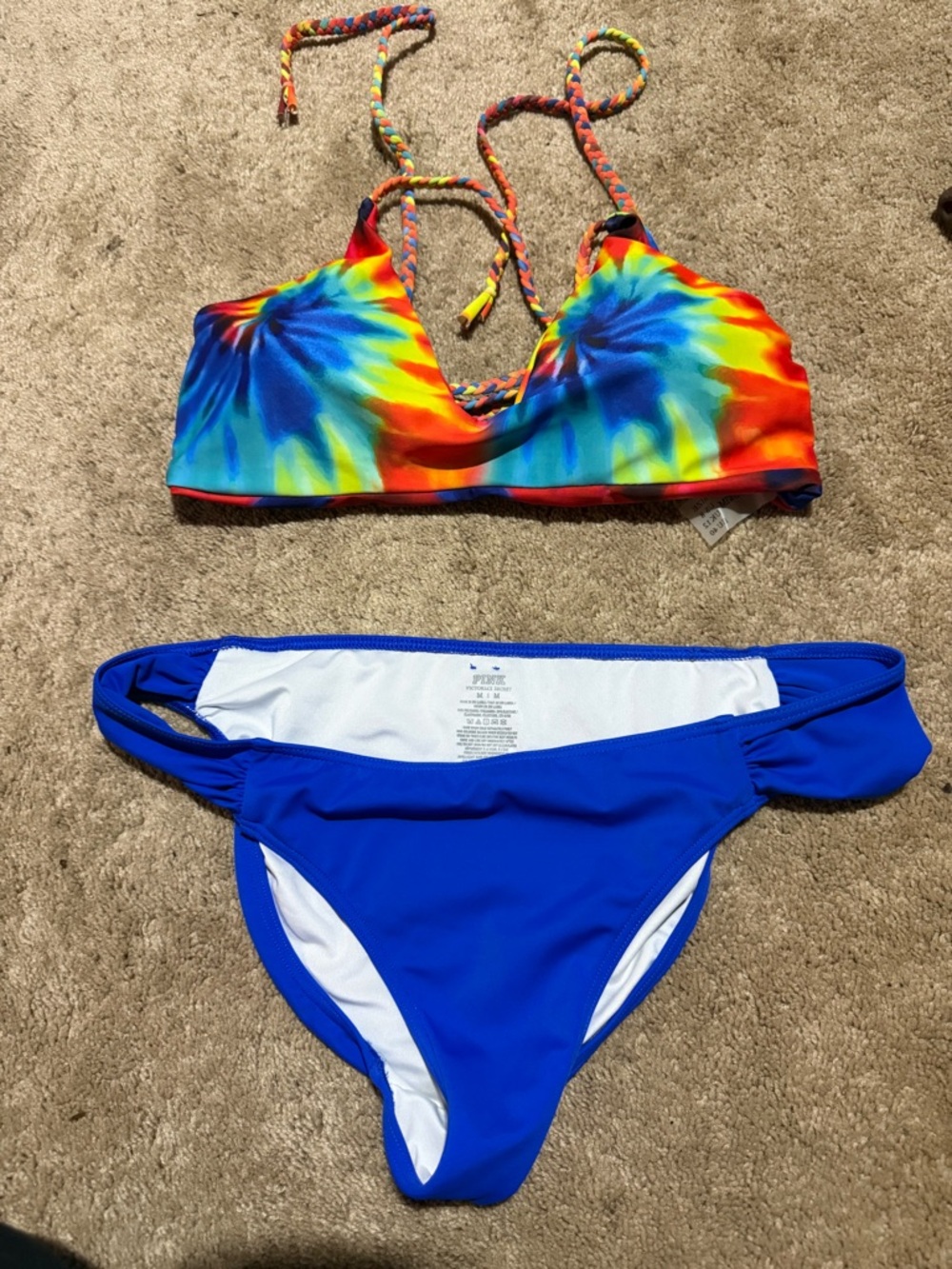 PINK Victoria's Secret Tie-Dye Rainbow Bra Top & Royal Blue Bikini Bottoms